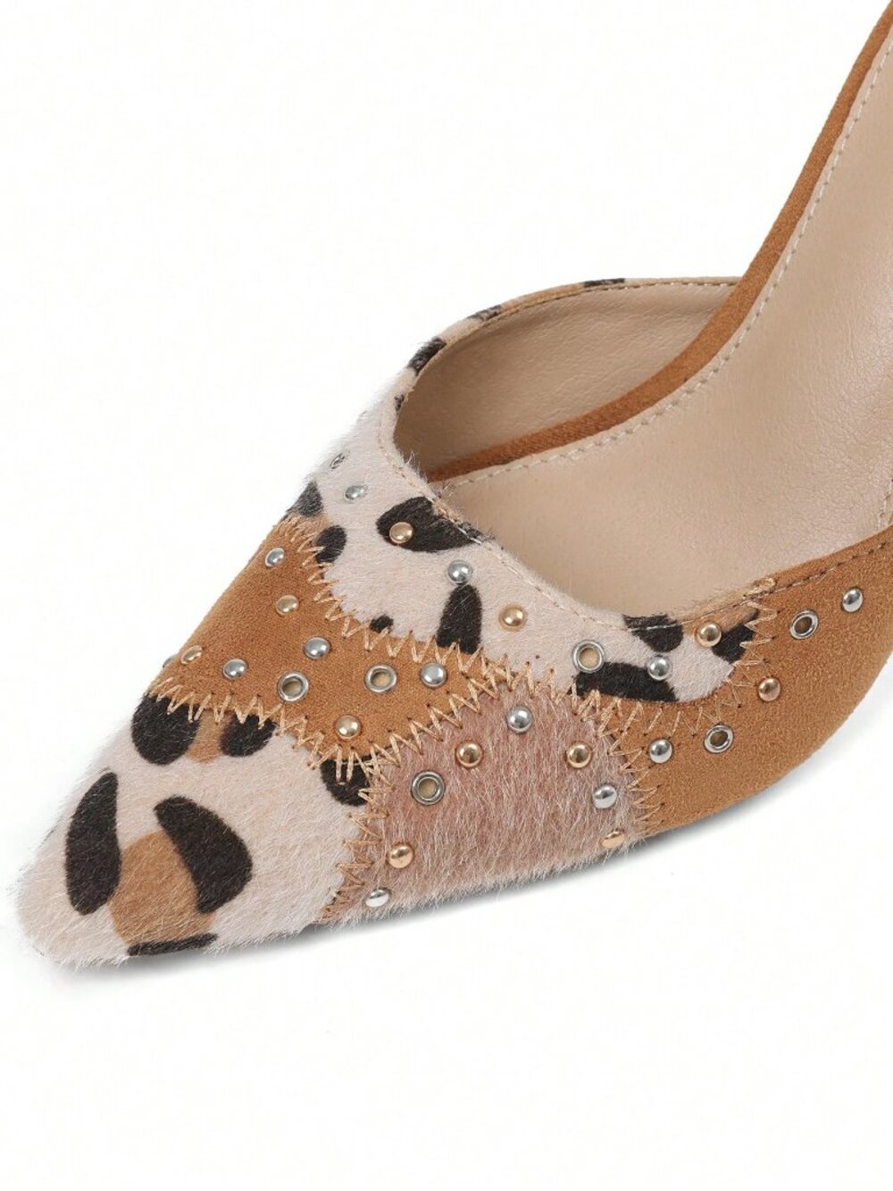 Tan Sexy Women's Animal Print Studded Pointed Toe Mule - Picture 5 of 6